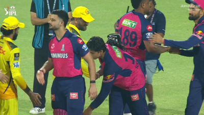 Vaibhav Suryavanshi touches MS Dhoni’s feet after RR win over CSK | Cricket News