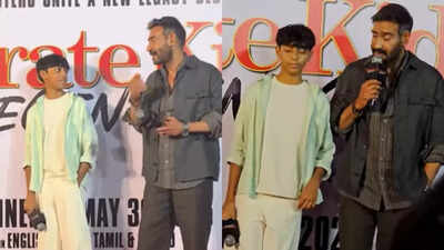 Ajay Devgn in awe as son Yug recreates ‘Singham’ dialogue during ‘Karate Kid: Legends’ Hindi trailer launch event | Hindi Movie News